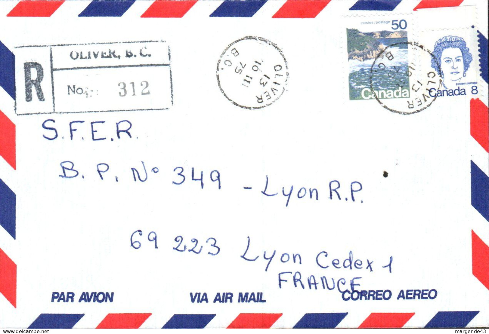 CANADA AFFRANCHISSEMENT COMPOSE SUR LETTRE RECOMMANDEE DE OLIVER POUR LA FRANCE 1975 - Storia Postale