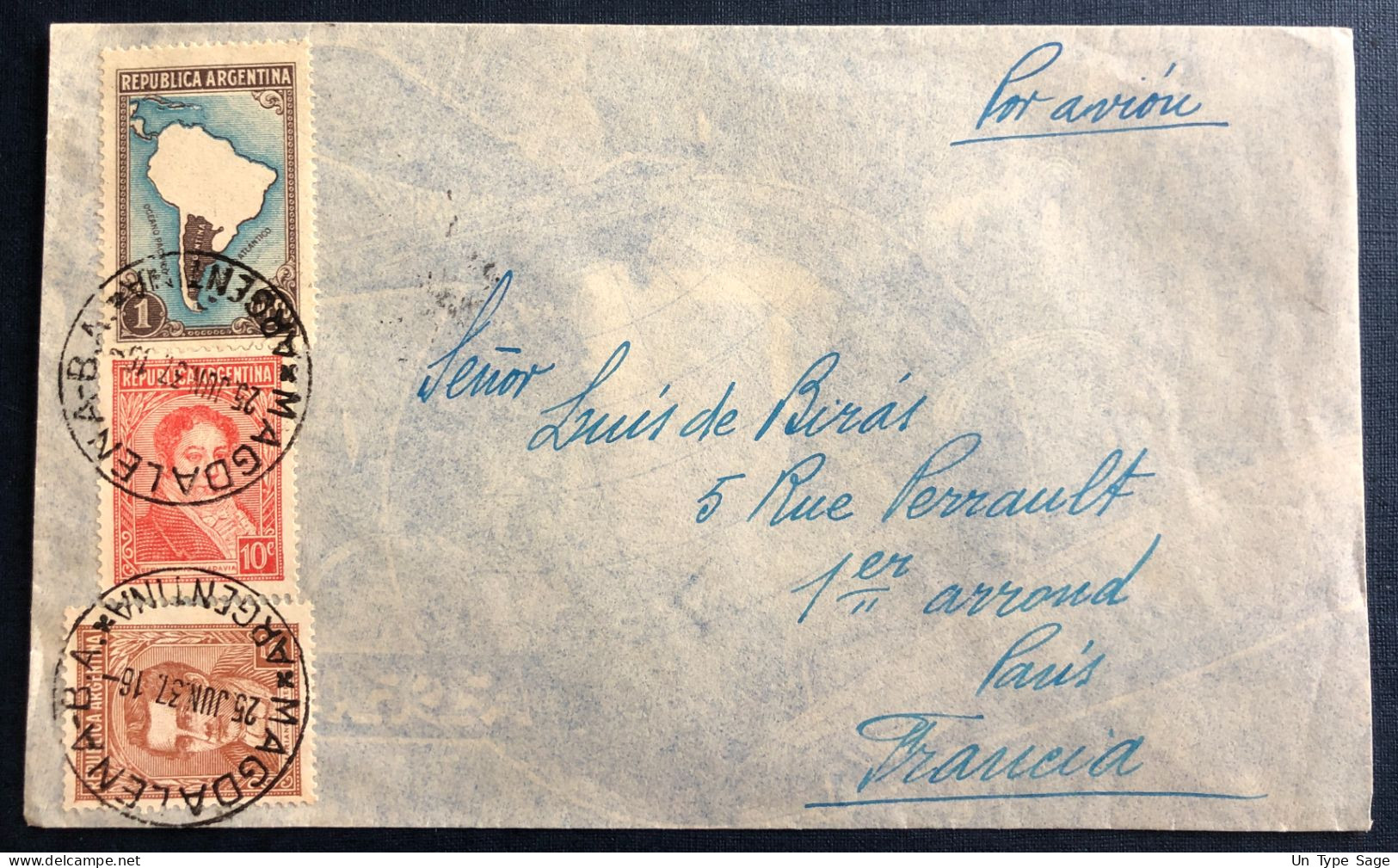 Argentine, Divers Sur Enveloppe, Cachet MAGDALENA B.A., Argentine 25.6.1937 Pour La France - (B1430) - Luchtpost