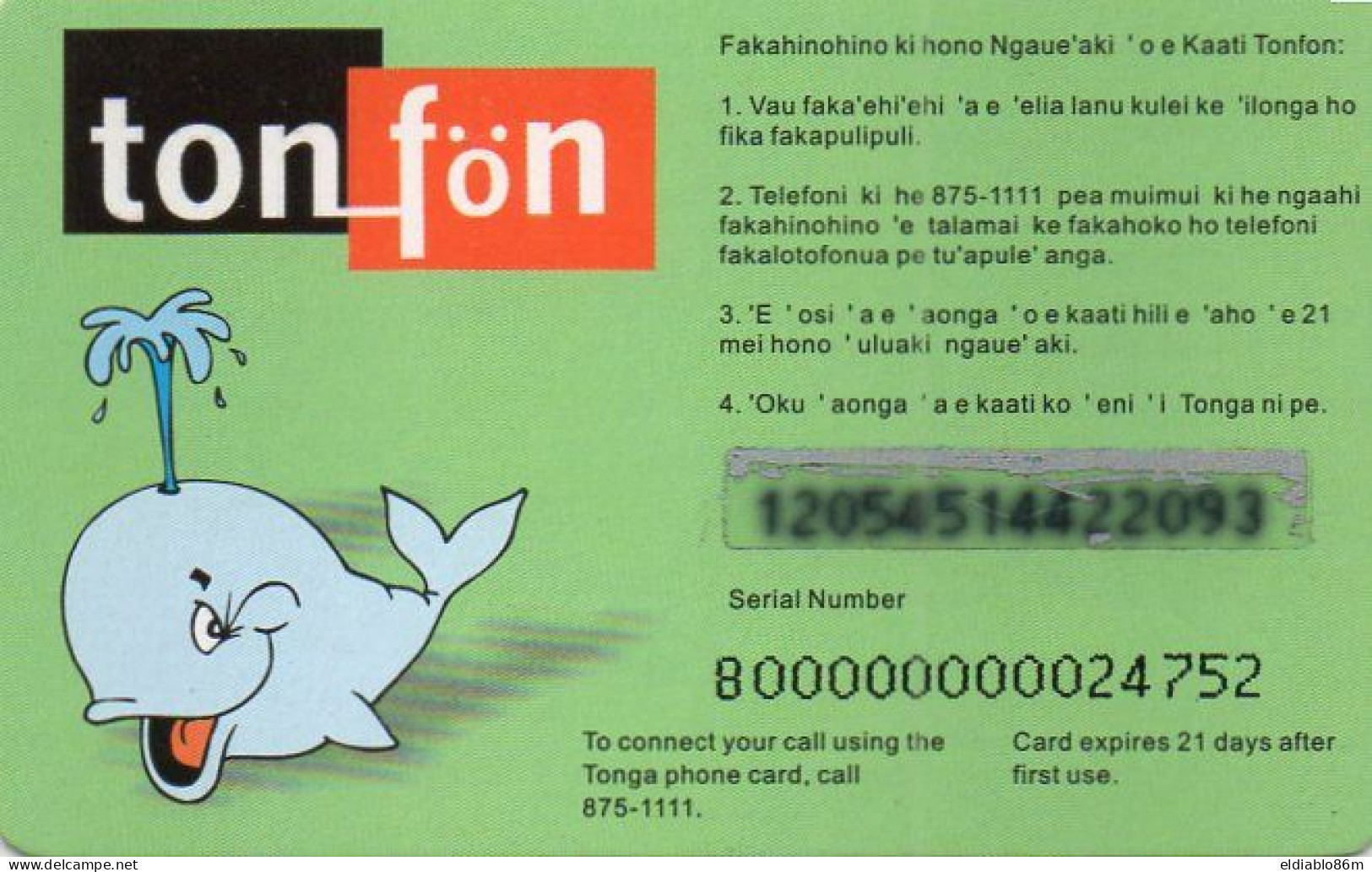 TONGA - PREPAID - TONFON - 20 T$ - CARTOON WHALE ON BACK - Tonga