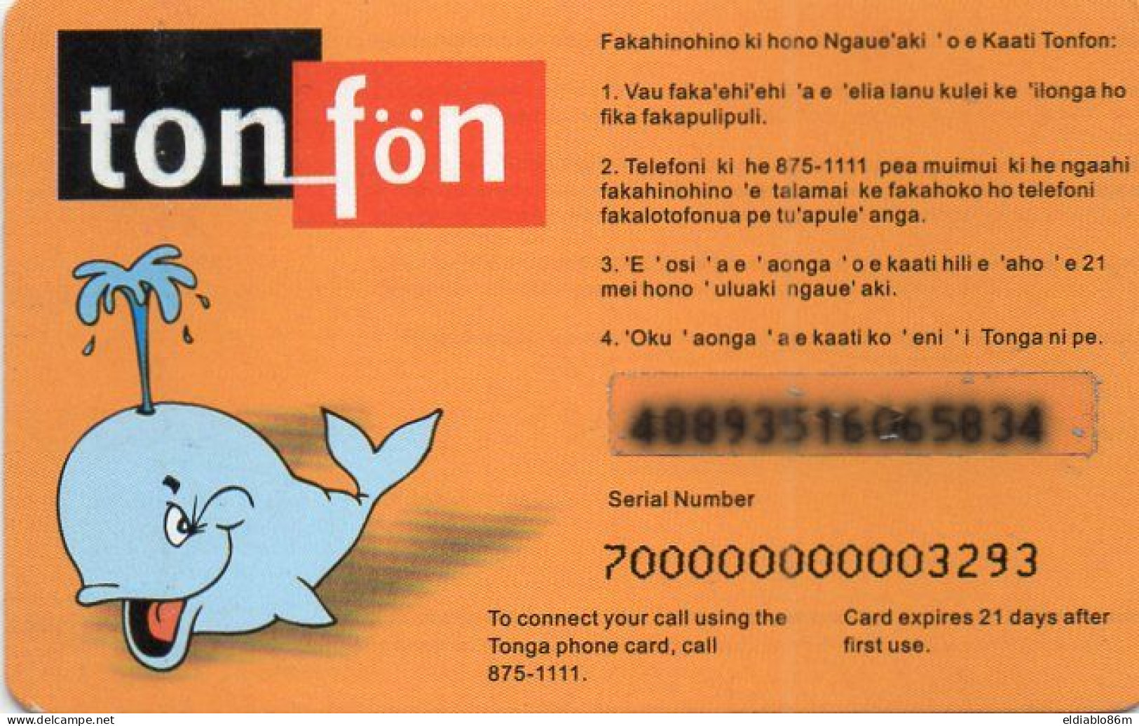 TONGA - PREPAID - TONFON - 10 T$ - CARTOON WHALE ON BACK - Tonga