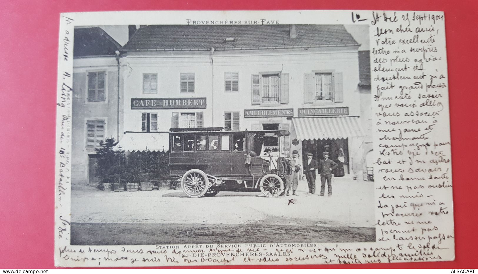 Provenchères -sur-fave , Service Public D'automobile  Arrêt Devant Le Café Humbert ,dos 1900, Top Carte - Provencheres Sur Fave