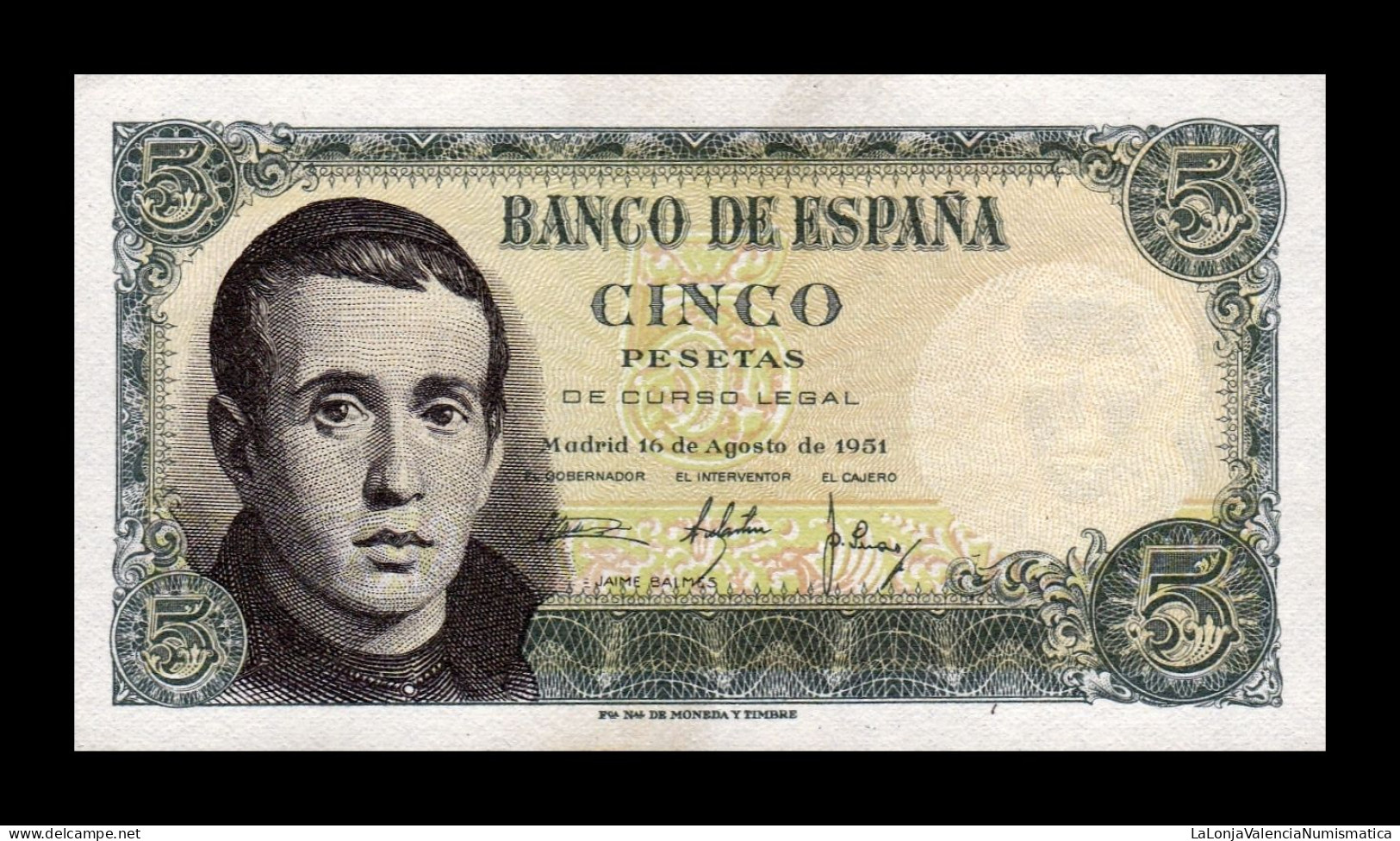 España Spain 5 Pesetas Jaime Balmes 1951 Pick 140 Sin Serie Sc Unc - 5 Pesetas