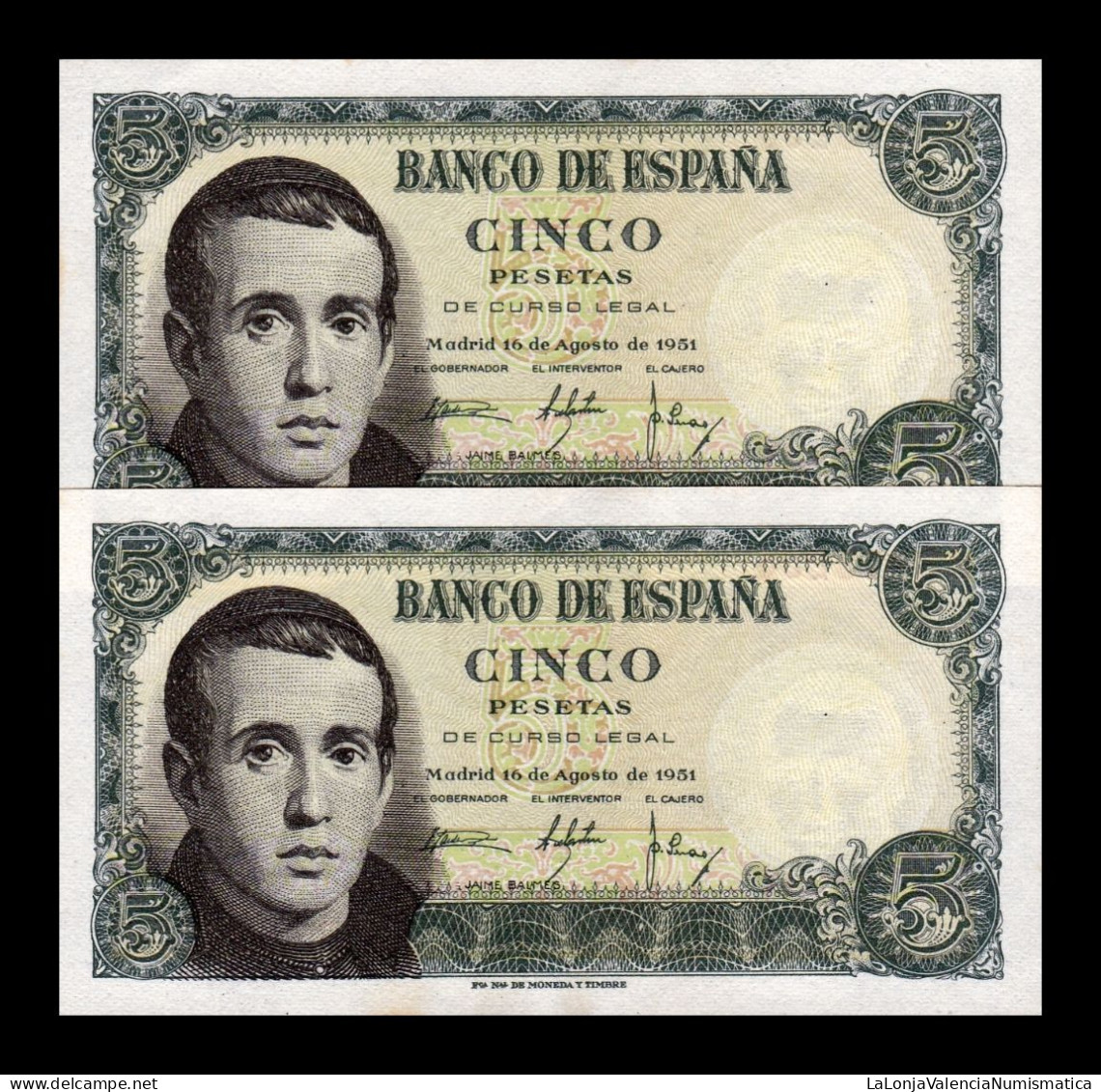 España Spain Pareja 5 Pesetas Jaime Balmes 1951 Pick 140 Serie B Sc Unc - 5 Pesetas