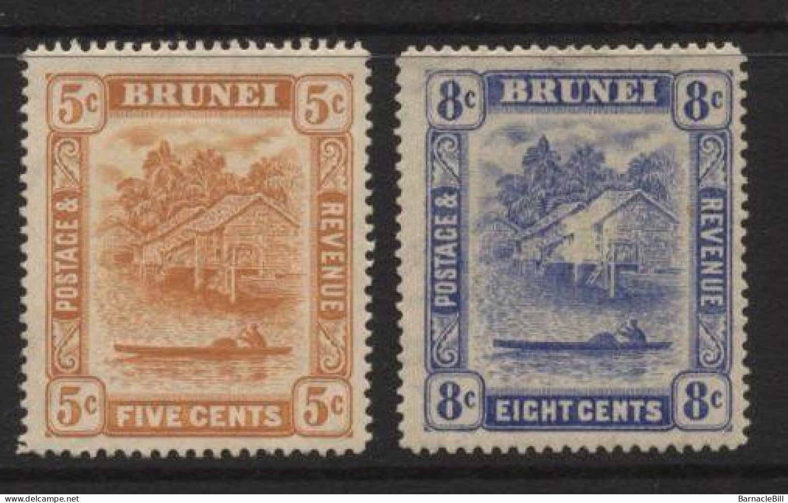 Brunei (21) 1916 Issue. Watermark Multiple Crown CA. 5c. Orange & 8c. Ultramarine. Unused. Hinged. - Brunei (...-1984)