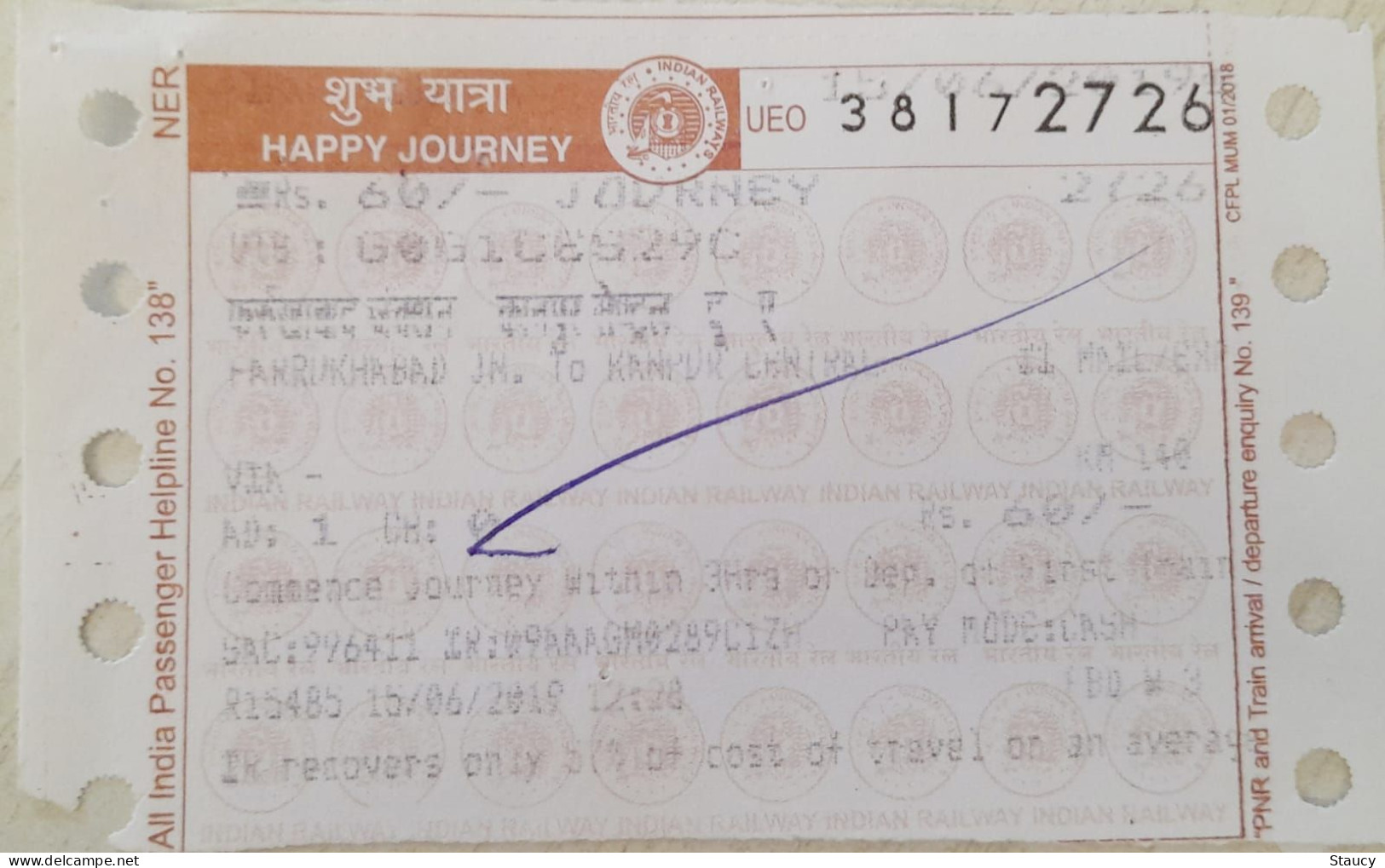 India Old / Vintage - North Eastern Railway / Train Ticket With "Female Sterilisation" Family Welfare Slogan As Per Scan - Welt