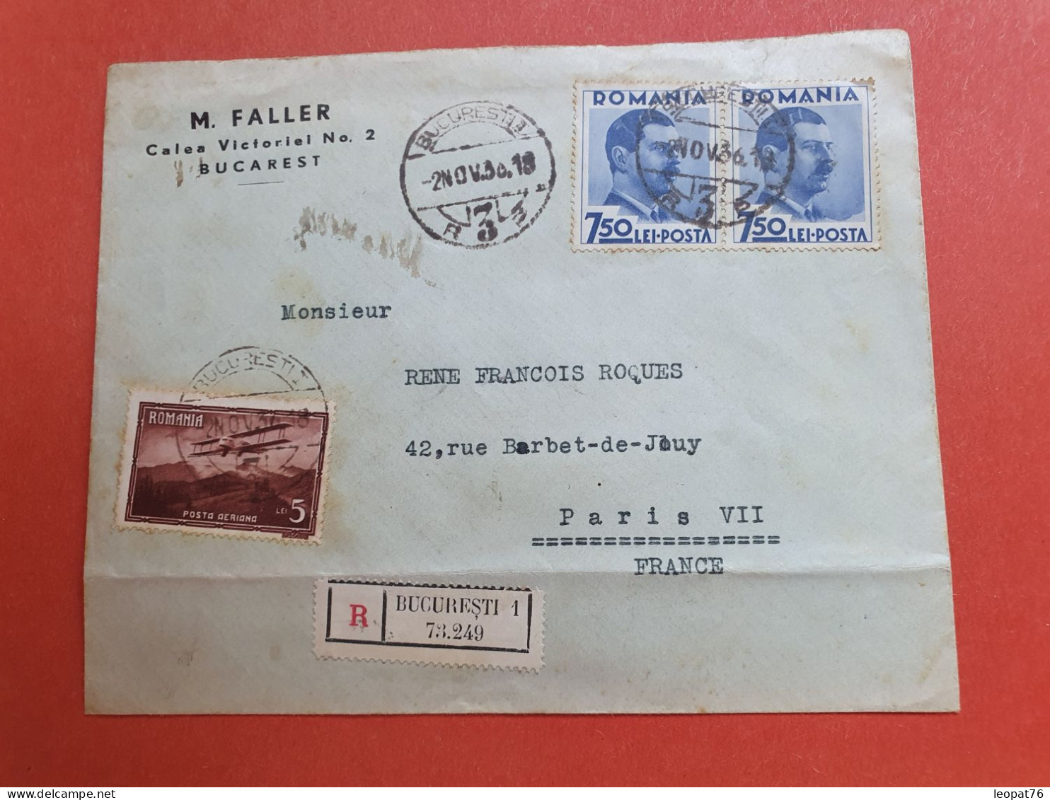 Roumanie - Enveloppe En Recommandé De Bucarest Pour Paris Par Avion En 1936 - Réf 1035 - Brieven En Documenten