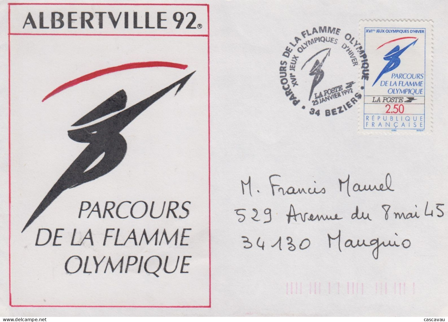 Enveloppe    FRANCE   Parcours  De  La  Flamme  Des   JEUX  OLYMPIQUES  D'  HIVER    ALBERTVILLE   BEZIERS   1992 - Winter 1992: Albertville