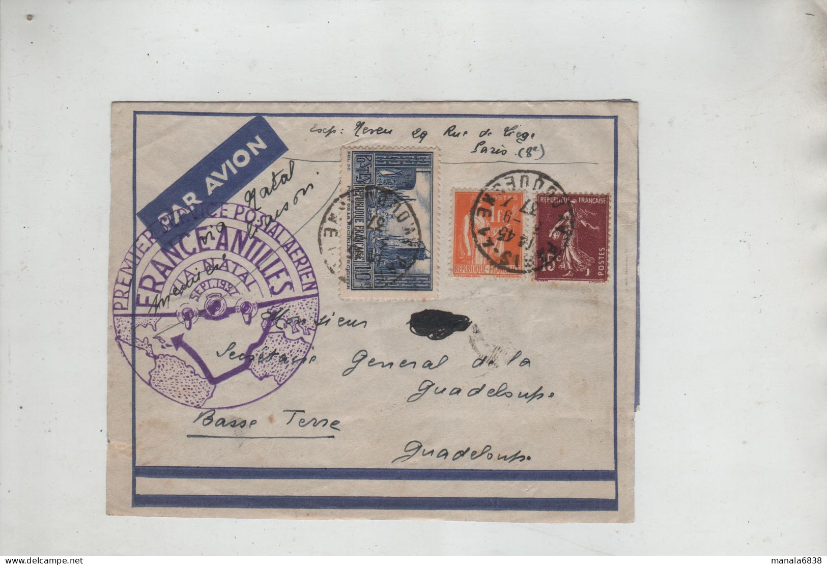 Premier Service Postal Aérien France Antilles 1937 Neveu Paris Secrétaire Général De La Guadeloupe Basse Terre - Non Classés