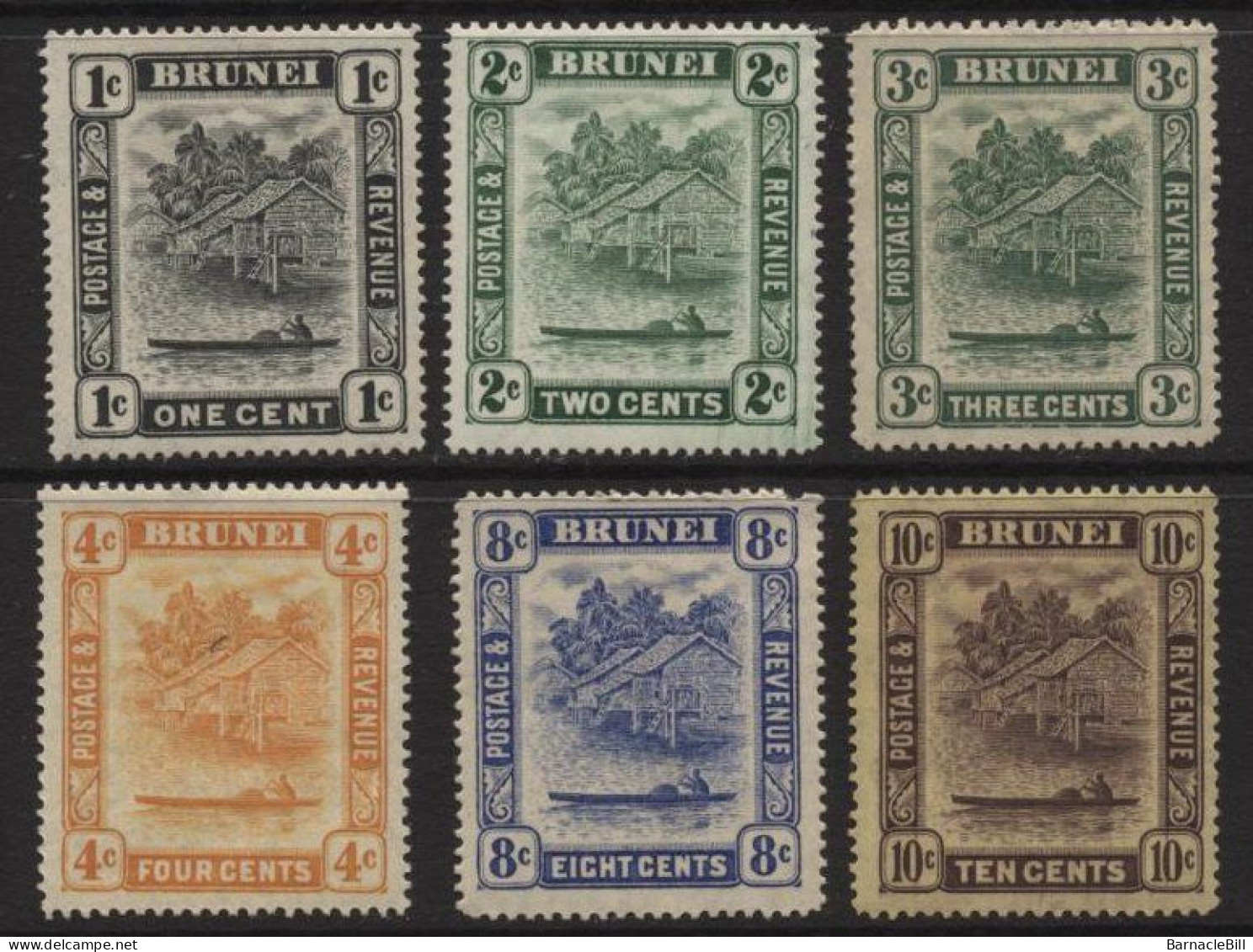 Brunei (26) 1924 River View. Watermark Multiple Script CA. 6 Values. Unused. Hinged. - Brunei (...-1984)