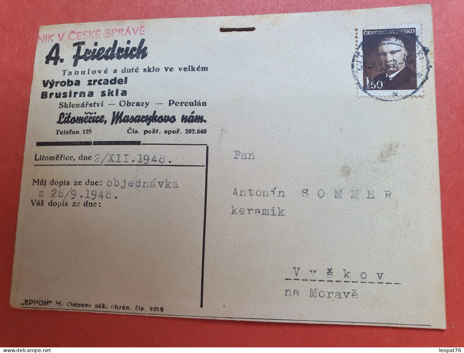 Tchécoslovaquie - Carte Commerciale De Litoměřice Pour Vyškov En 1948  - Réf 1039 - Cartas & Documentos