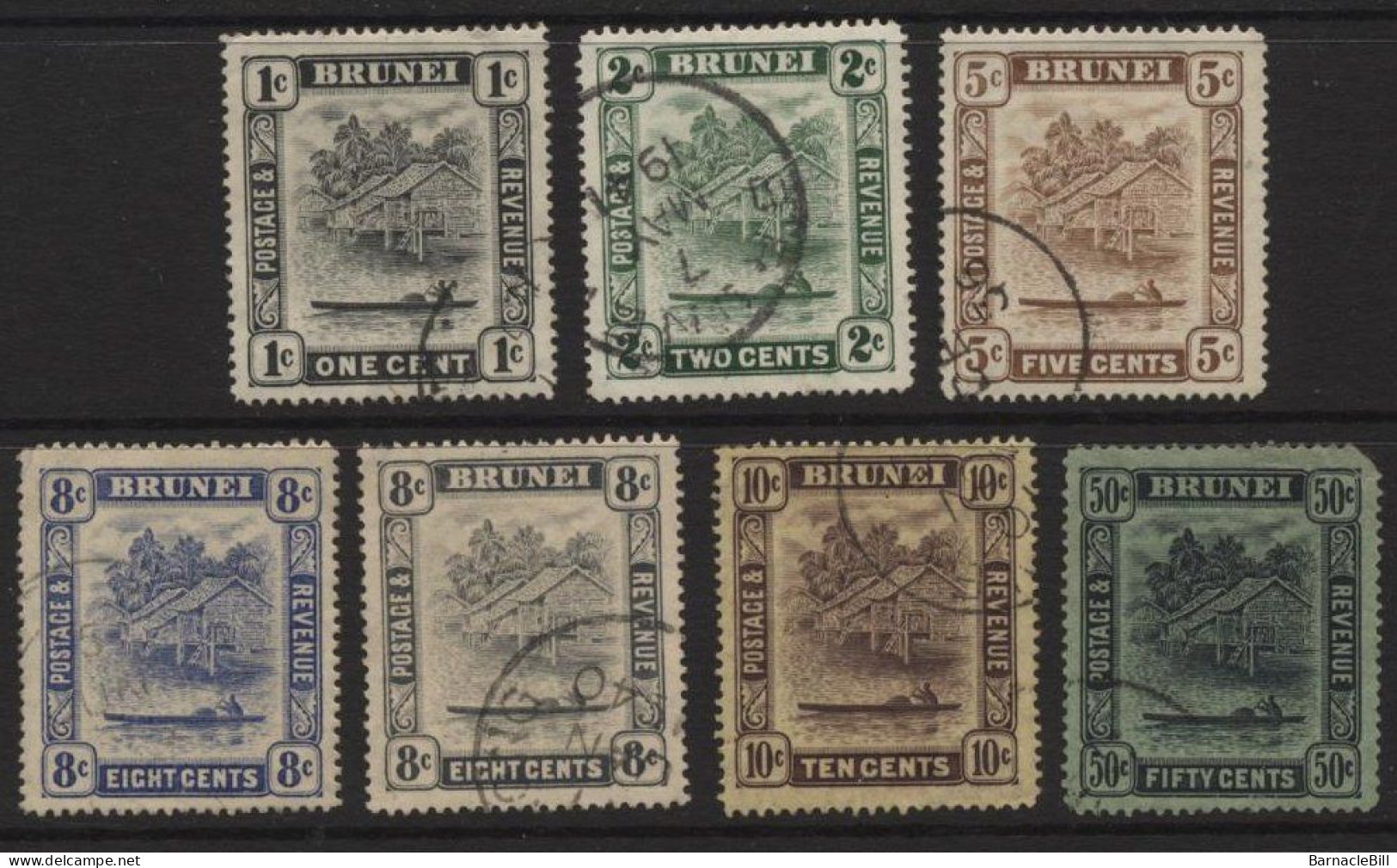 Brunei (27) 1924 River View. Watermark Multiple Script CA. 7 Values. Unused. Hinged. - Brunei (...-1984)