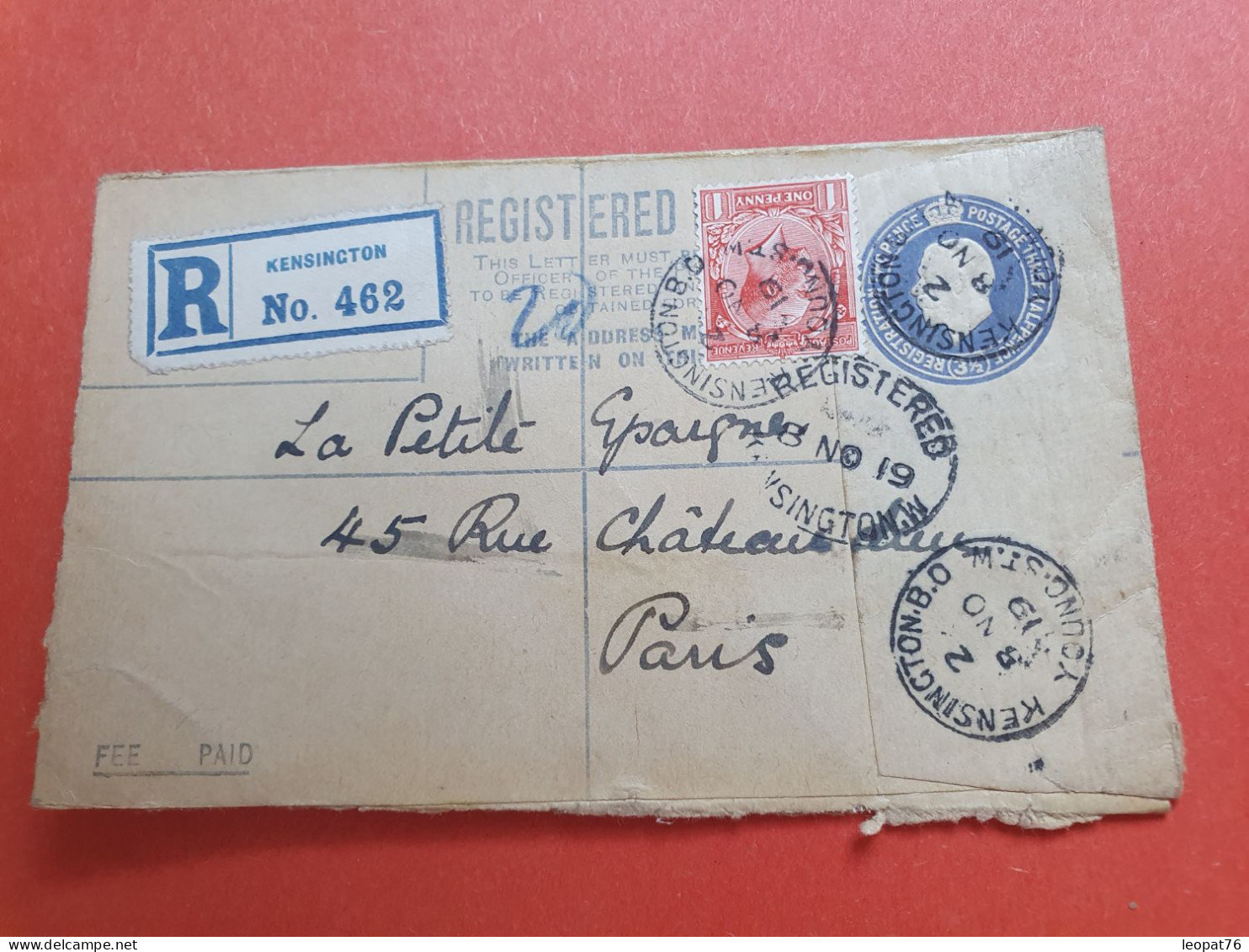 GB  - Entier Postal + Complément En Recommandé De Kensington Pour Paris En 1919 - Réf 1041 - Entiers Postaux