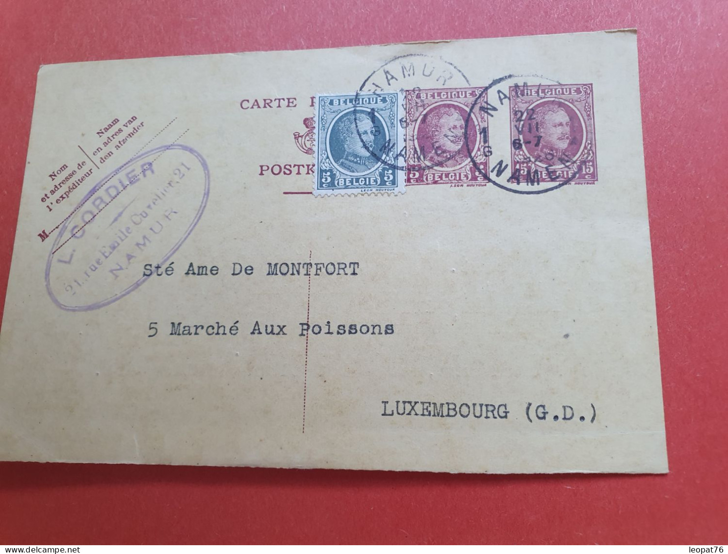 Belgique - Entier Postal Commercial + Complément De Namur Pour Le Luxembourg En 1926 - Réf 1046 - Tarjetas 1909-1934