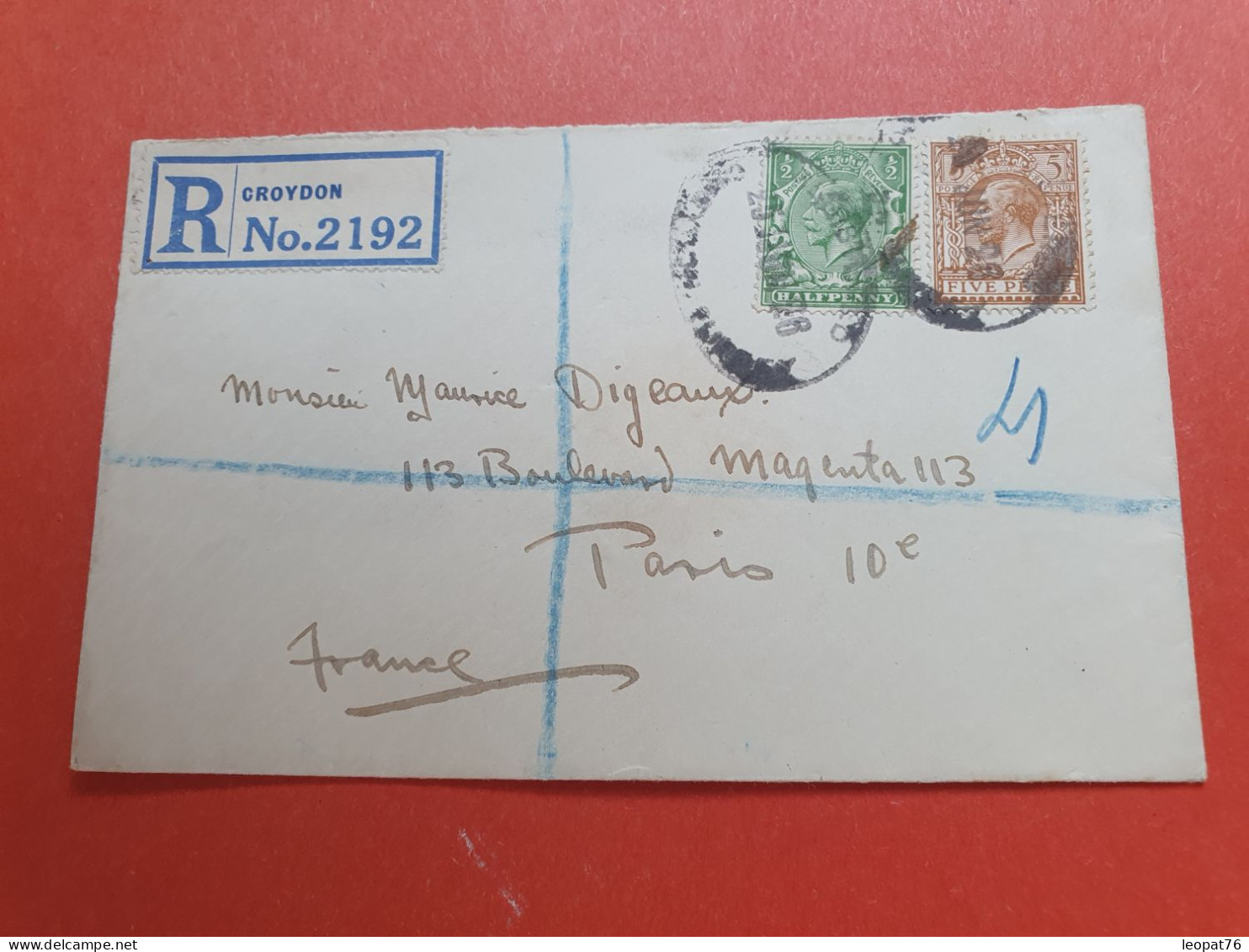 GB - Enveloppe En Recommandé De Croydon Pour Paris En 1926 - Réf 1048 - Lettres & Documents