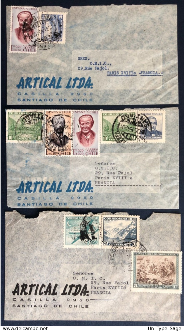 Chili - Lot De 3 Enveloppes Par Avion Pour La France - (B3758) - Cile