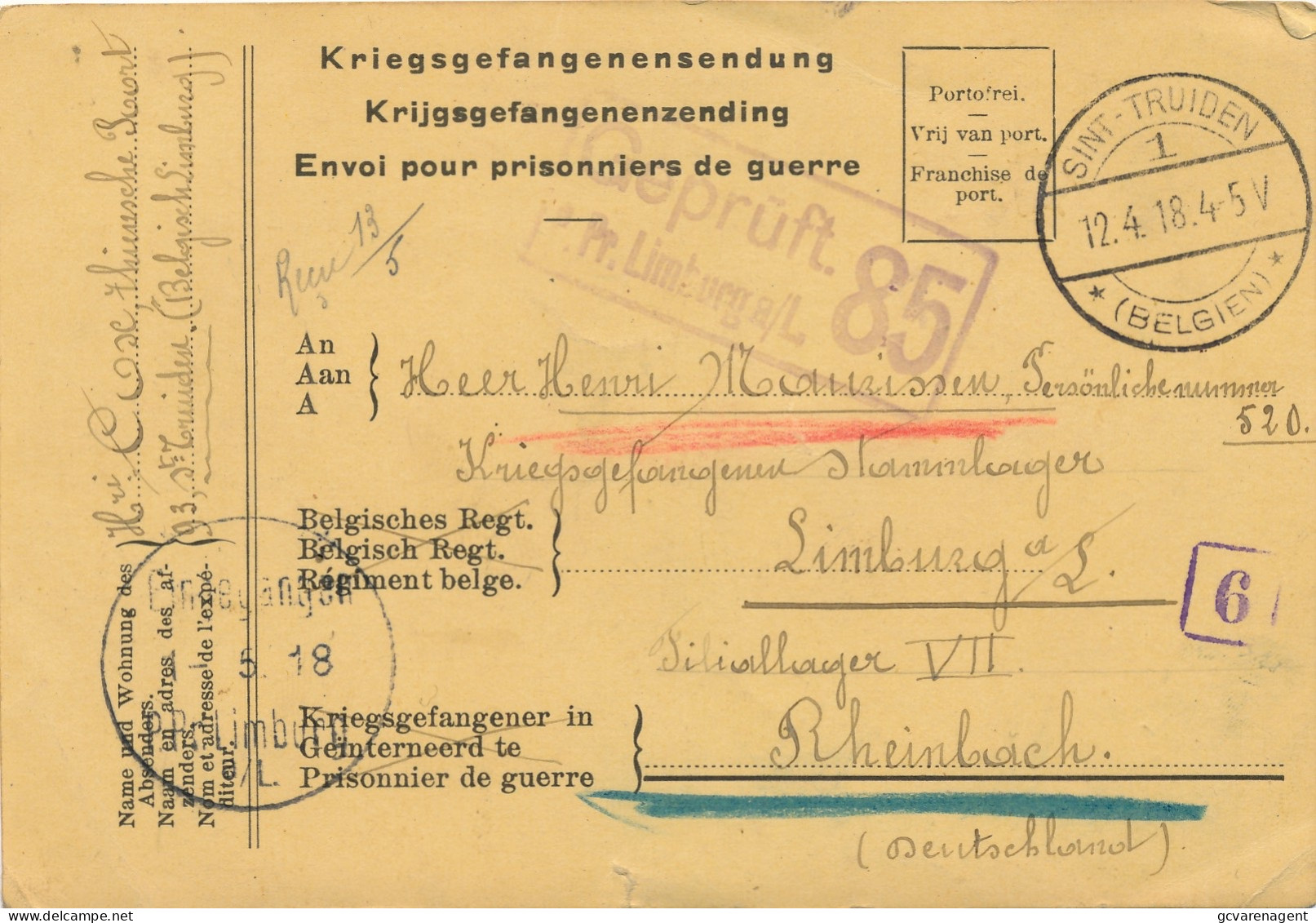 1918 KRIEGSGEFANGENENSENDUNG - H.MAURISSEN    STAMLAGER LINBURG A/S RHEINBACH ( SINT TRUINDEN )       2 SCANS - Prisoners