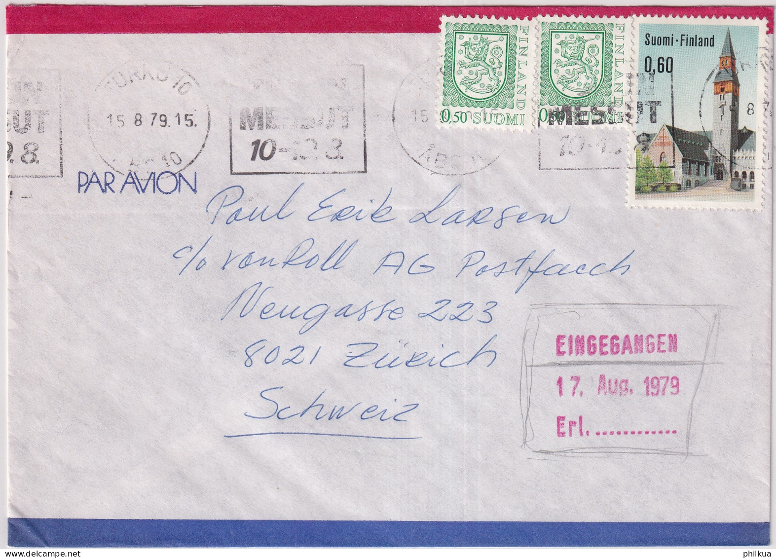 Buntfrankatur Auf Bedarfsflugpostbrief Gelaufen 1979 Ab TURKU Finnland Nach ZÜRICH Suisse - Storia Postale