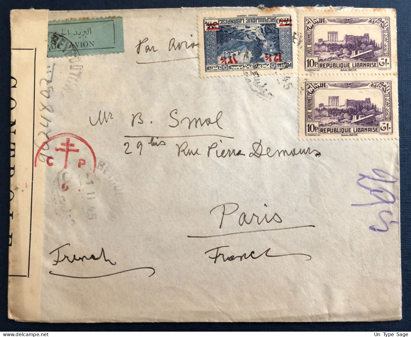 République Libanaise Divers Sur Enveloppe De Beyrouth 1.11.1945 + Censure - (B3782) - Storia Postale