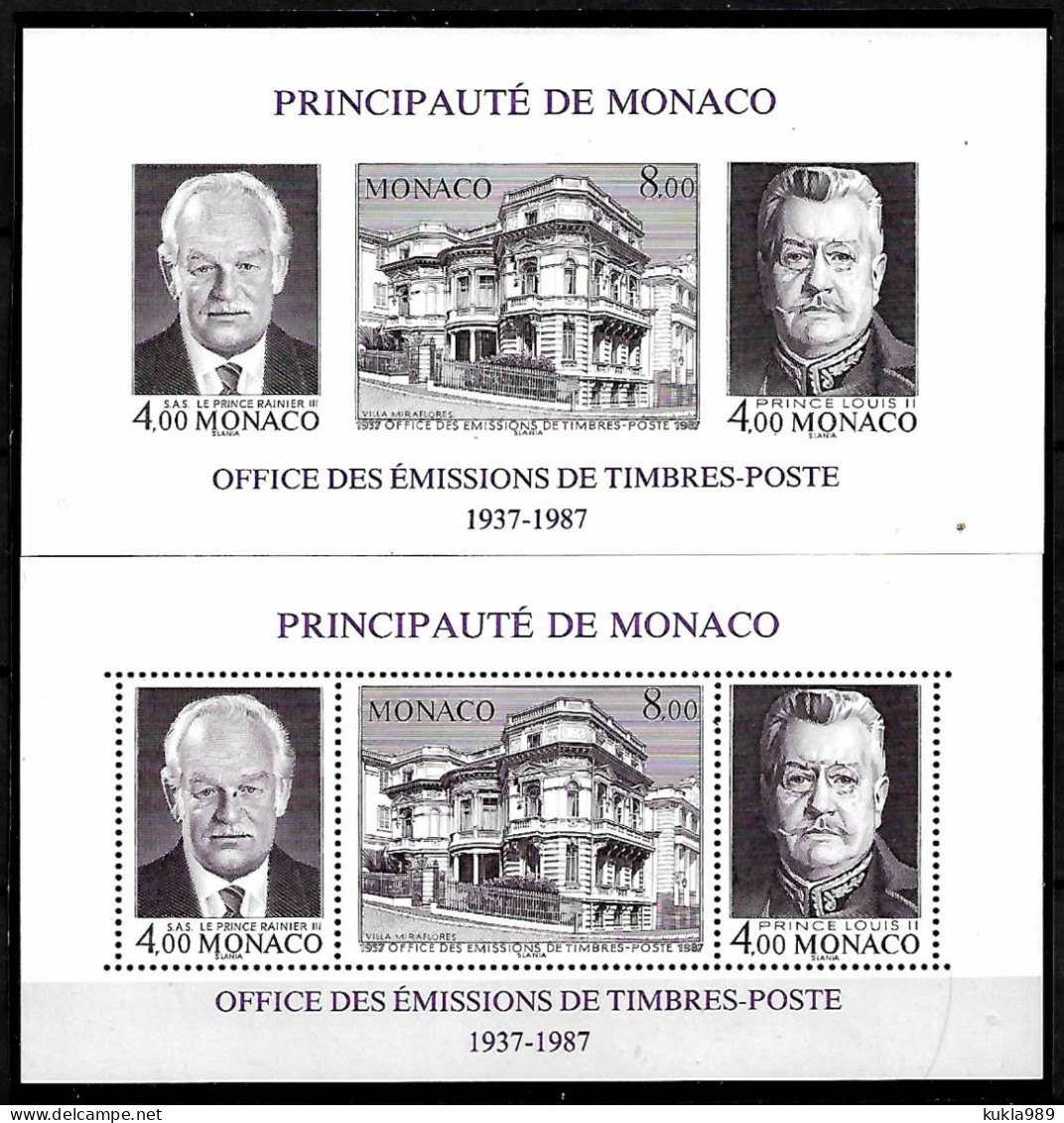 MONACO STAMPS 1987.  2 SOUV. SHEETS PERF. + IMPERF., MNH - Bloques
