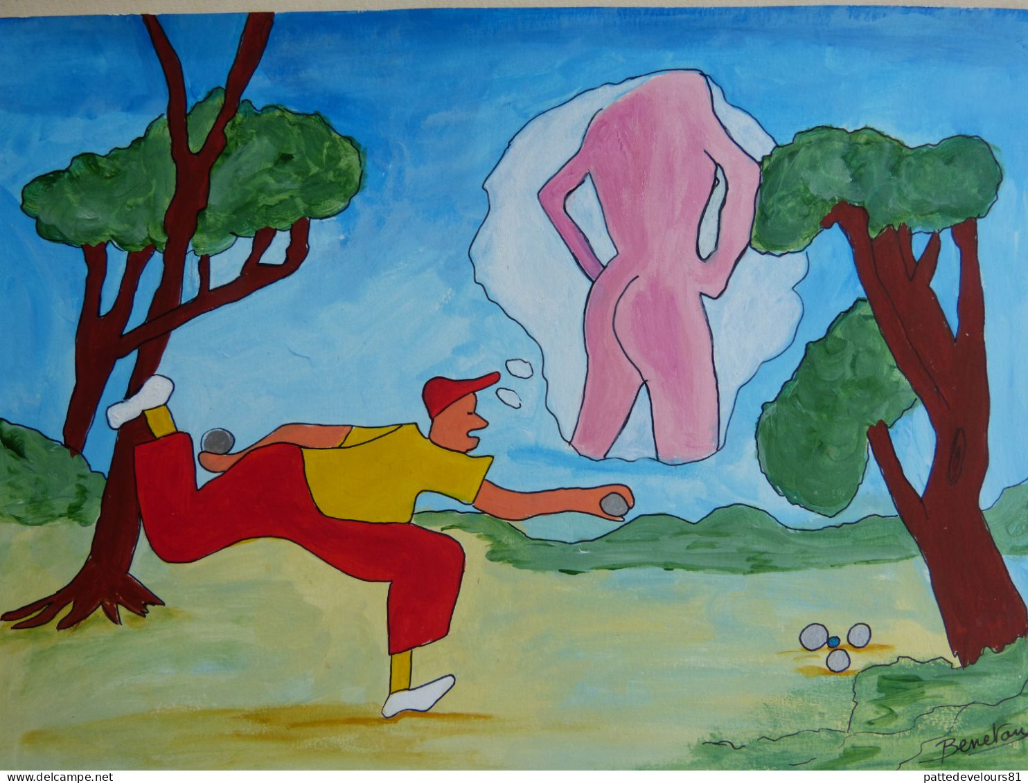 Dessin 21,2x30 Peinture Acrylique Art Contemporain Art Brut Art Naïf Sport Jeu Boule Bouliste Pétanque FANNY BENETON - Hedendaagse Kunst