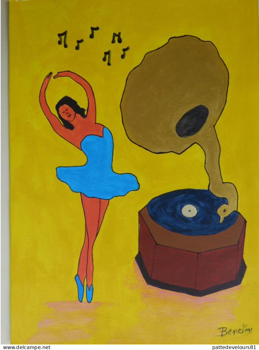 Dessin 21x29,7 Peinture Acrylique Art Contemporain Art Brut Art Naïf Gramophone Phonographe Phono Danseuse BENETON - Art Contemporain