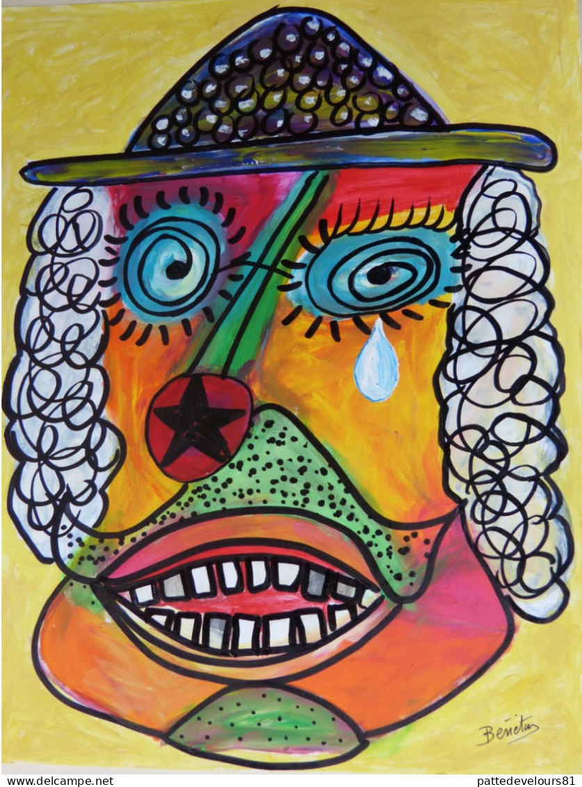 Dessin 21x22 Peinture Acrylique Art Contemporain Art Brut Art Naïf "le Clown Triste"  BENETON Signée Au Dos - Hedendaagse Kunst