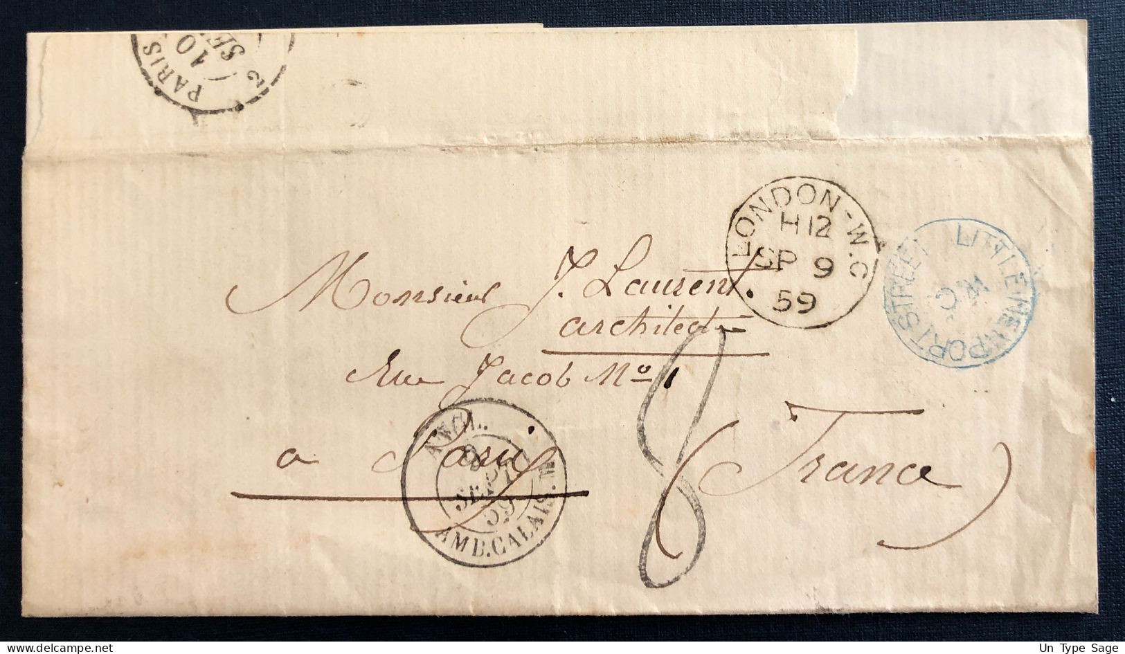 France TAD D'entrée ANGL. AMB.CALAIS. M 9.9.1859 Sur Lettre De Londres - (B3784) - Marques D'entrées