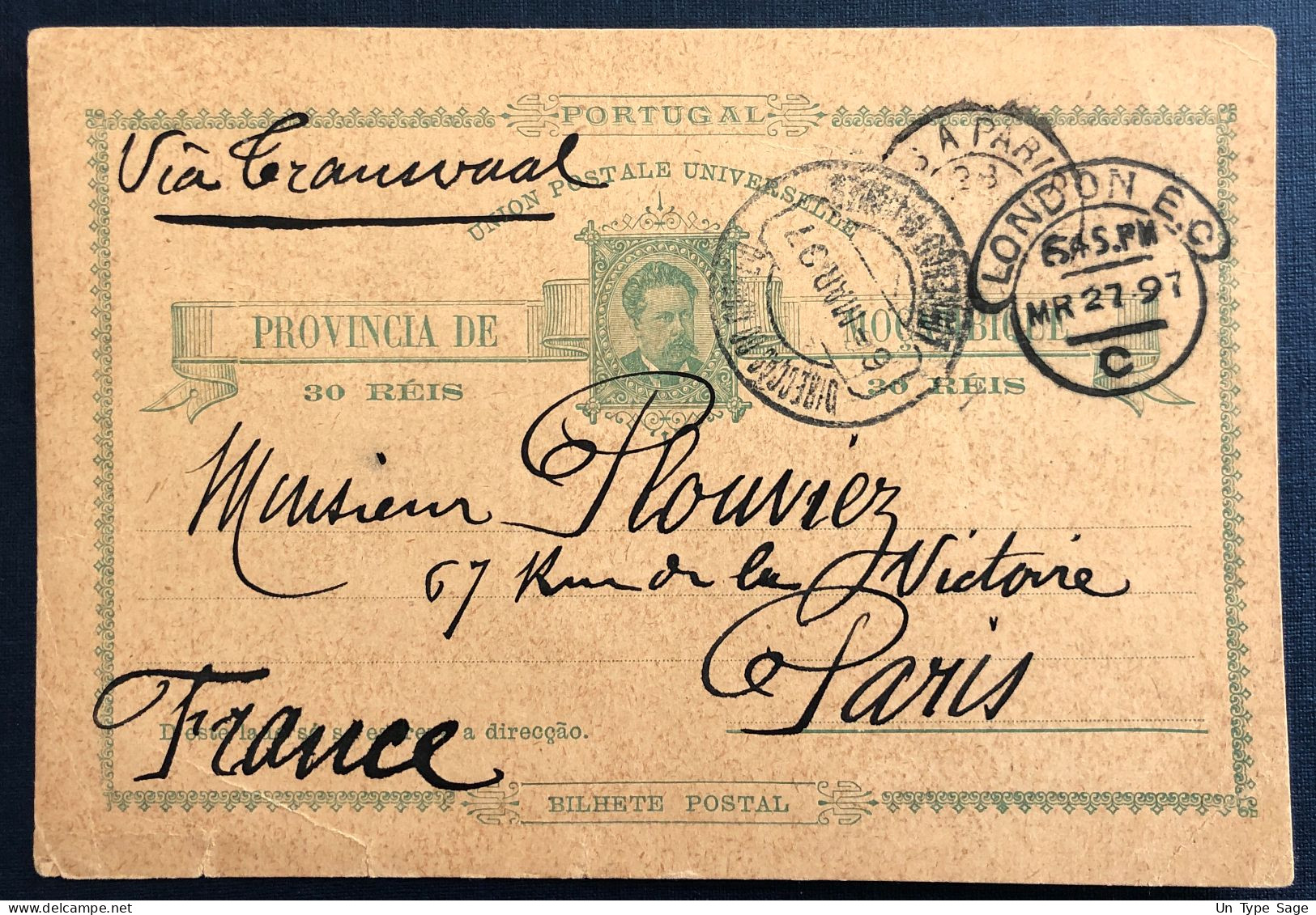 Portugal, Entier Carte 6.3.1897 Pour Paris, Par Londres + Mention Manuscrite "Via Transvaal" - (B3002) - Interi Postali