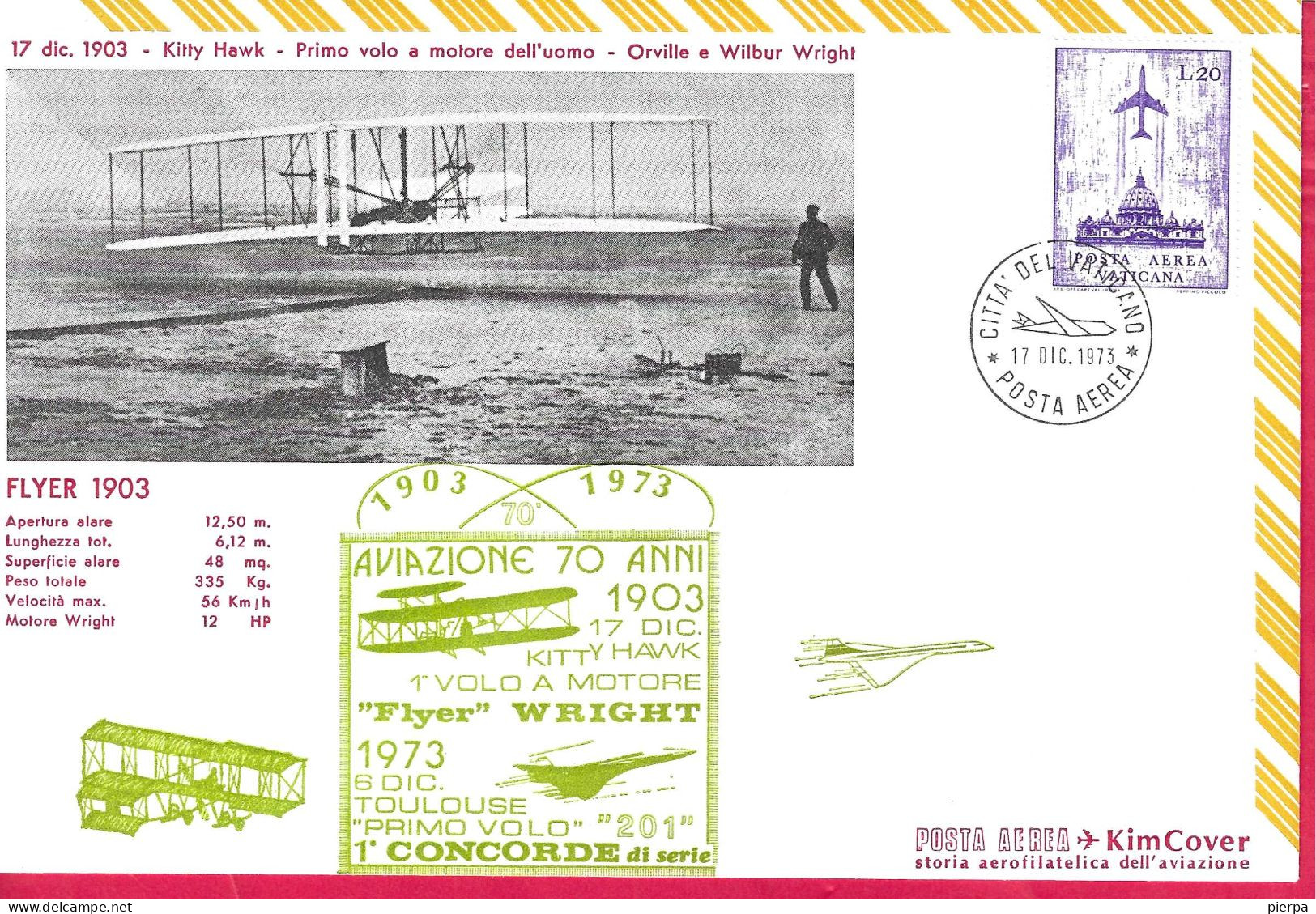VATICANO - BUSTONE COMMEMORATIVO 70 ANNI AVIAZIONE - FLYER 1903 - ANNULLO " CITTA' DEL VATICANO*17.DIC.1973* - Lettres & Documents