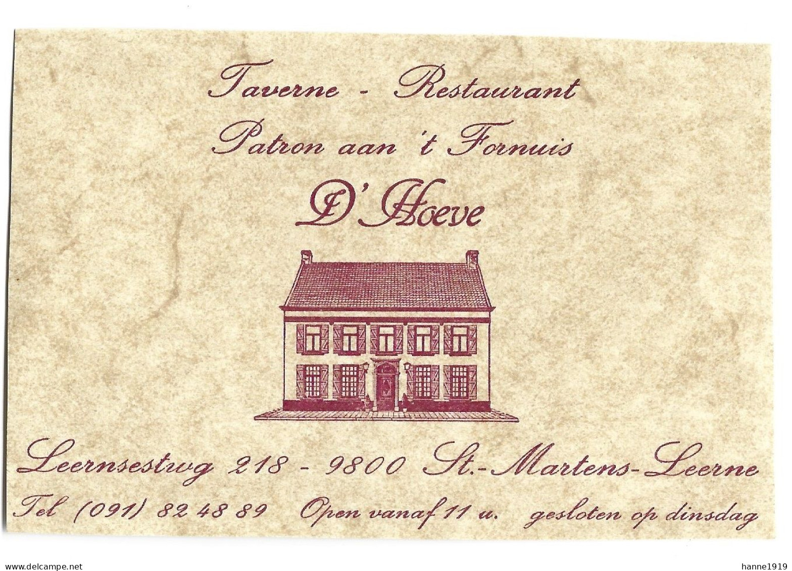 Sint Martens Leerne Taverne Restaurant D' Hoeve Leernsesteenweg Etiquette Visitekaartje Htje - Cartes De Visite