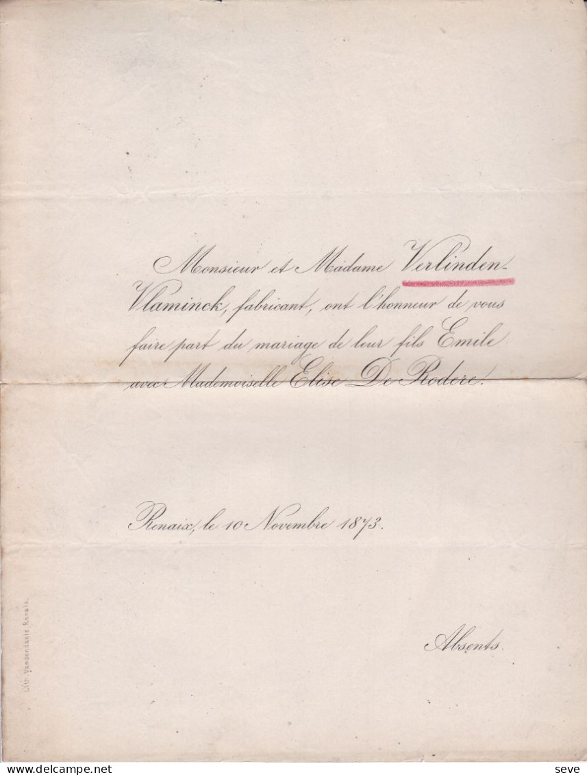 RENAIX RONSE Mariage 1873  Emile VERLINDEN Et Elise DE RODERE 1 Doc - Décès