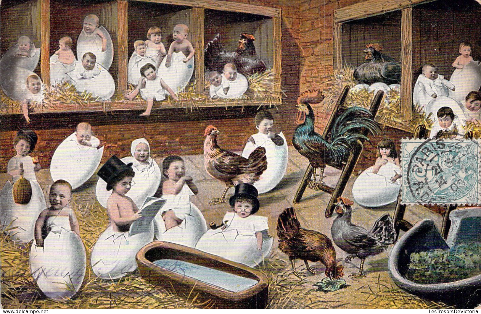 FANTAISIE - Bébés Dans Le Poulailler - Carte Postale Ancienne - Bebes