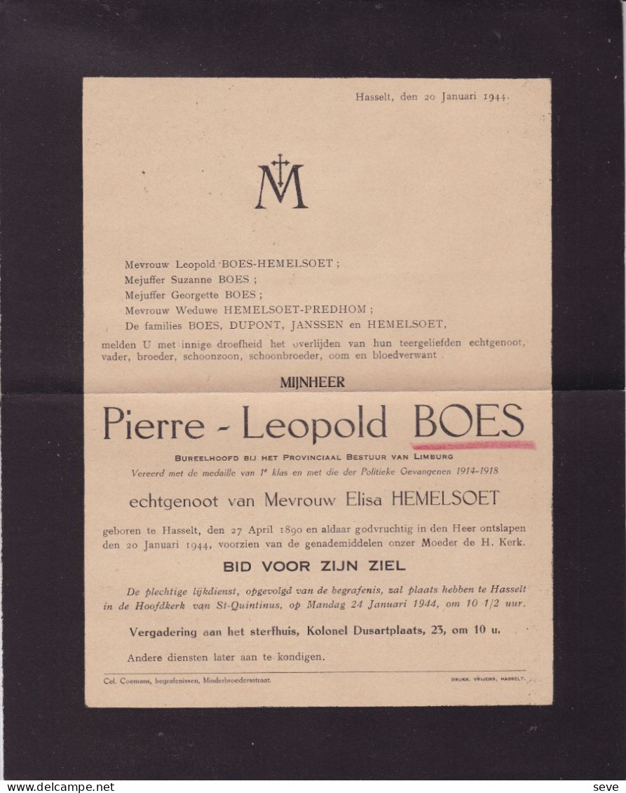 HASSELT BOES Pierre-Léopold époux HEMELSOET 1890-1944 Famille PREDHOM - Décès