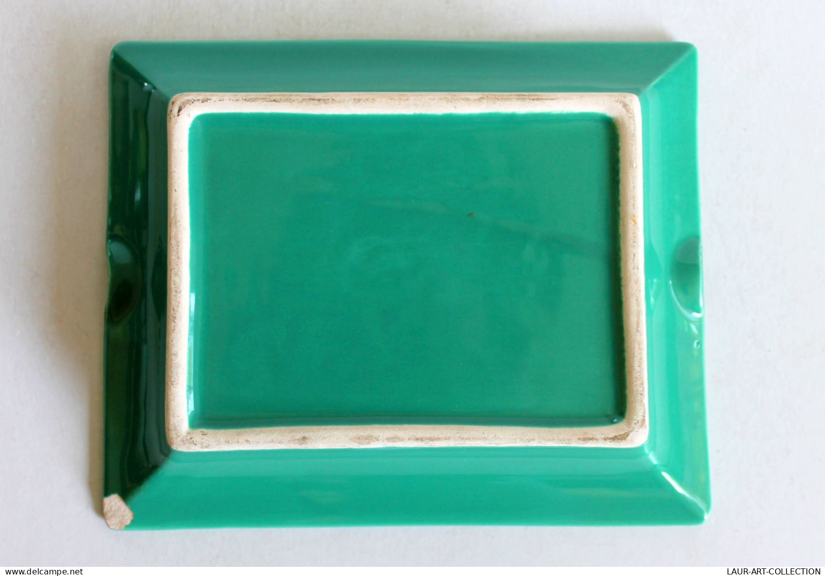 JOLI ANCIEN GRAND CENDRIER VINTAGE en FAIENCE VERT EMERAUDE VERNIS 19x15,5x3,5cm / OBJET DU FUMEUR TABAC (1505.11)