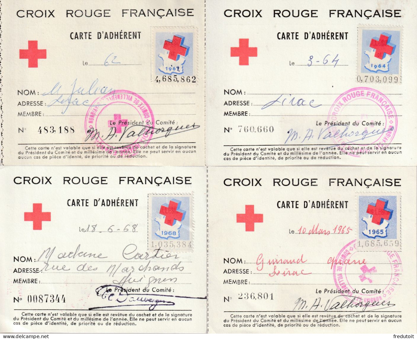 CROIX ROUGE - 4 Cartes D'adhérent (1962-64-65-68) Avec Vignettes - Croix Rouge