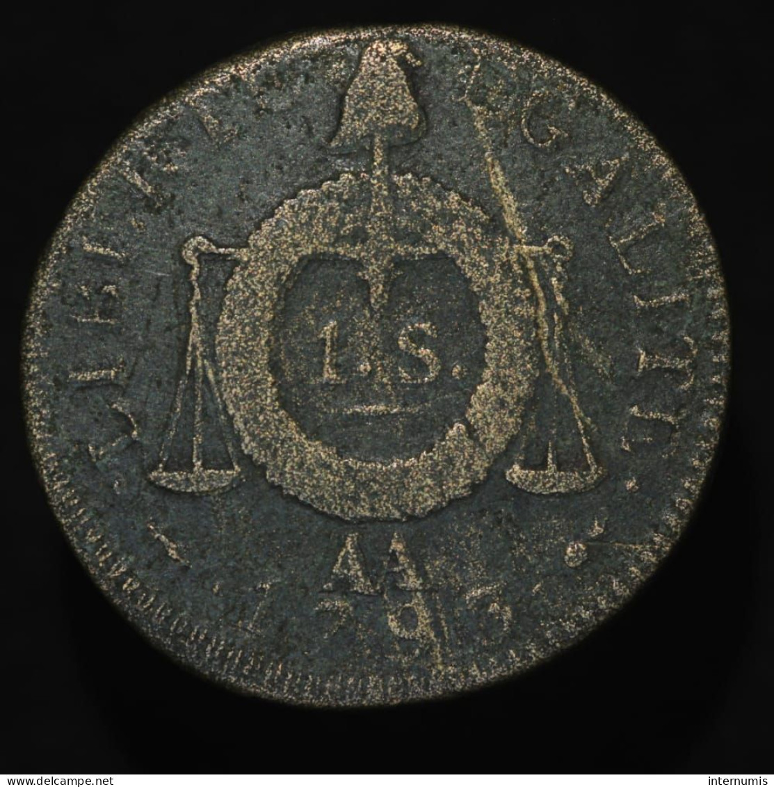 France, 1 Sol, 1793 AN II, AA - Metz, Cuivre (Copper), B (VG), G.19 - 1792-1975 Nationale Conventie