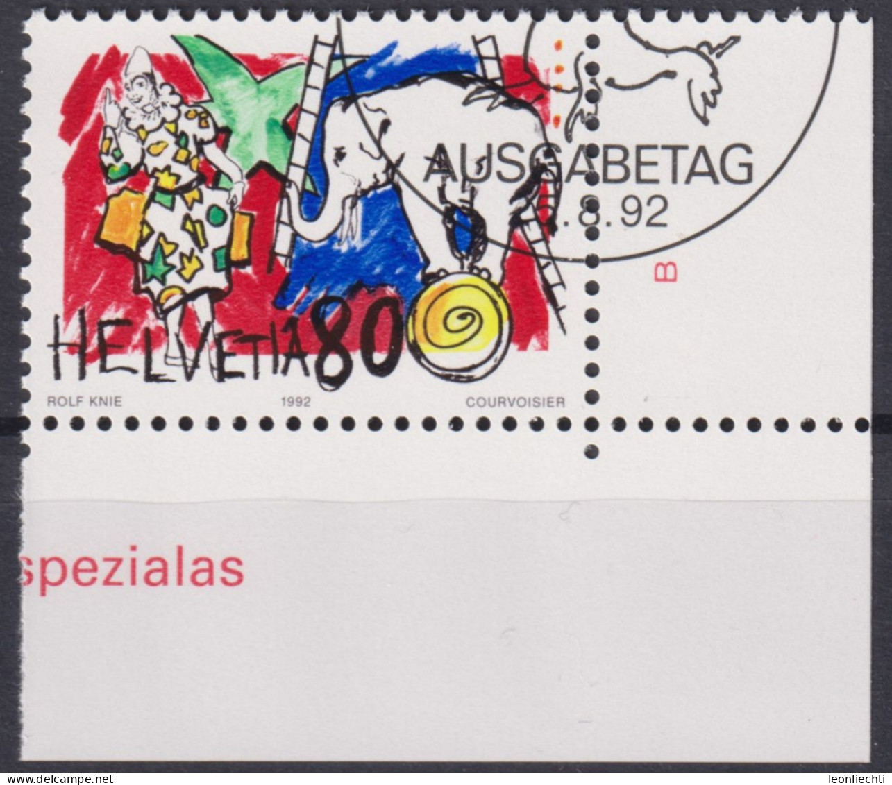 1992 Schweiz ET,  Mi:CH 1480, Yt:CH 1408, Zum:CH 834, Weissclown Mit Elefant, Zirkuswelt, Maler: Rolf Knie - Gebraucht