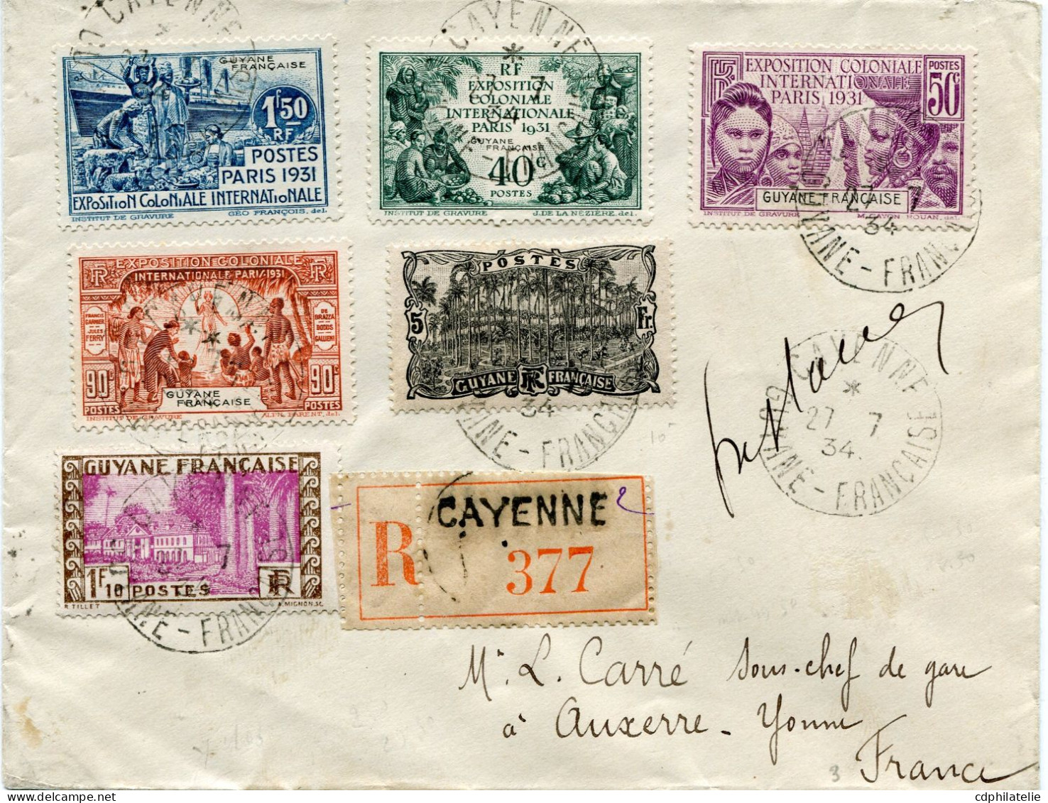 GUYANE FRANCAISE LETTRE RECOMMANDEE DEPART CAYENNE 27-7-34 GUYANE-FRANCAISE POUR LA FRANCE - Cartas & Documentos