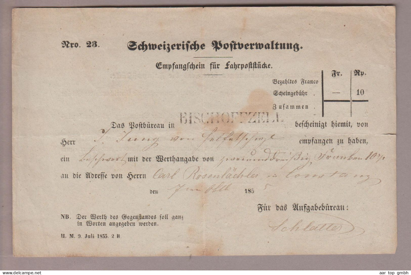 CH Heimat TG Bischof(f)zell 1855-10-07 Empfangsschein - Lettres & Documents