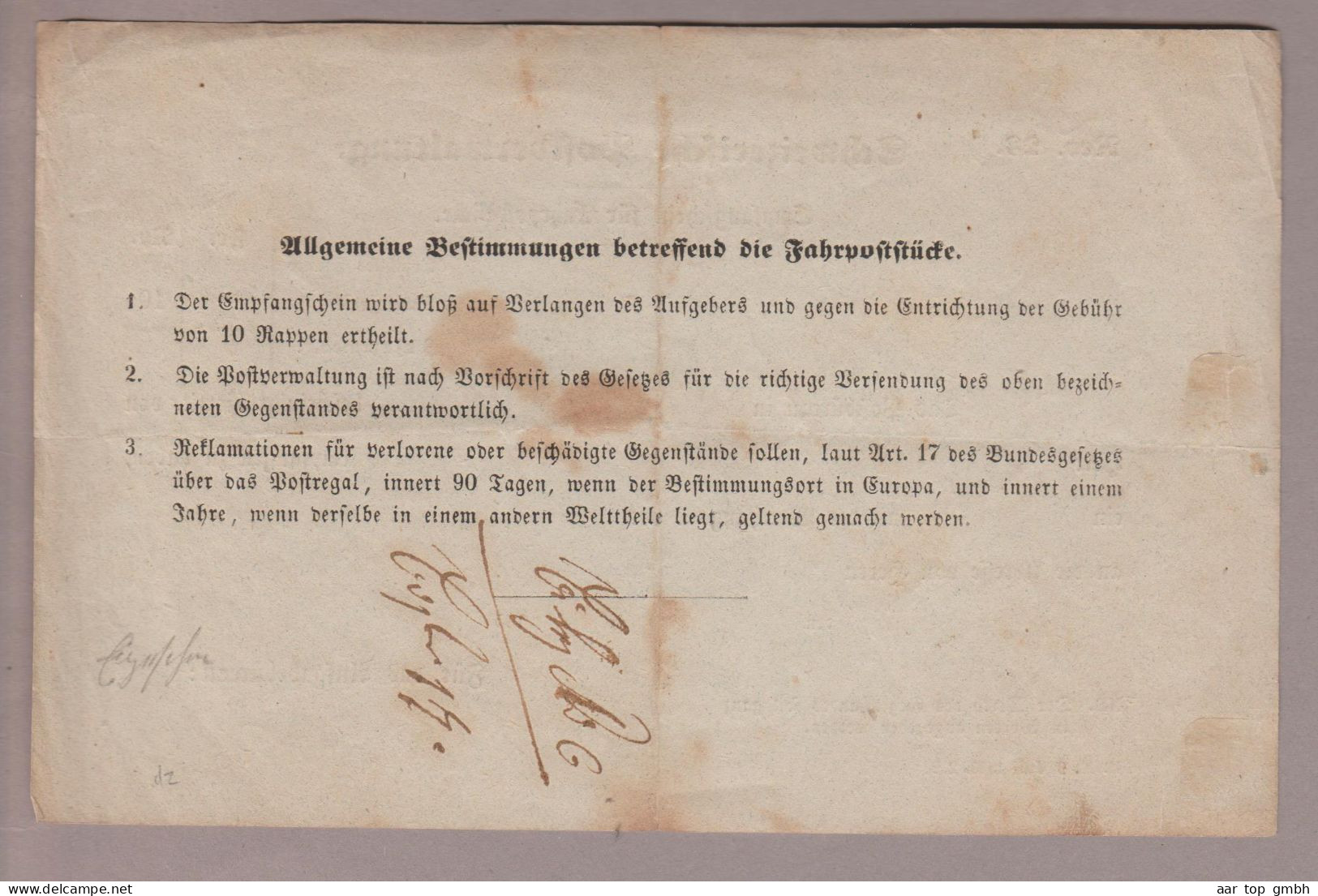 CH Heimat TG Bischof(f)zell 1855-10-07 Empfangsschein - Cartas & Documentos