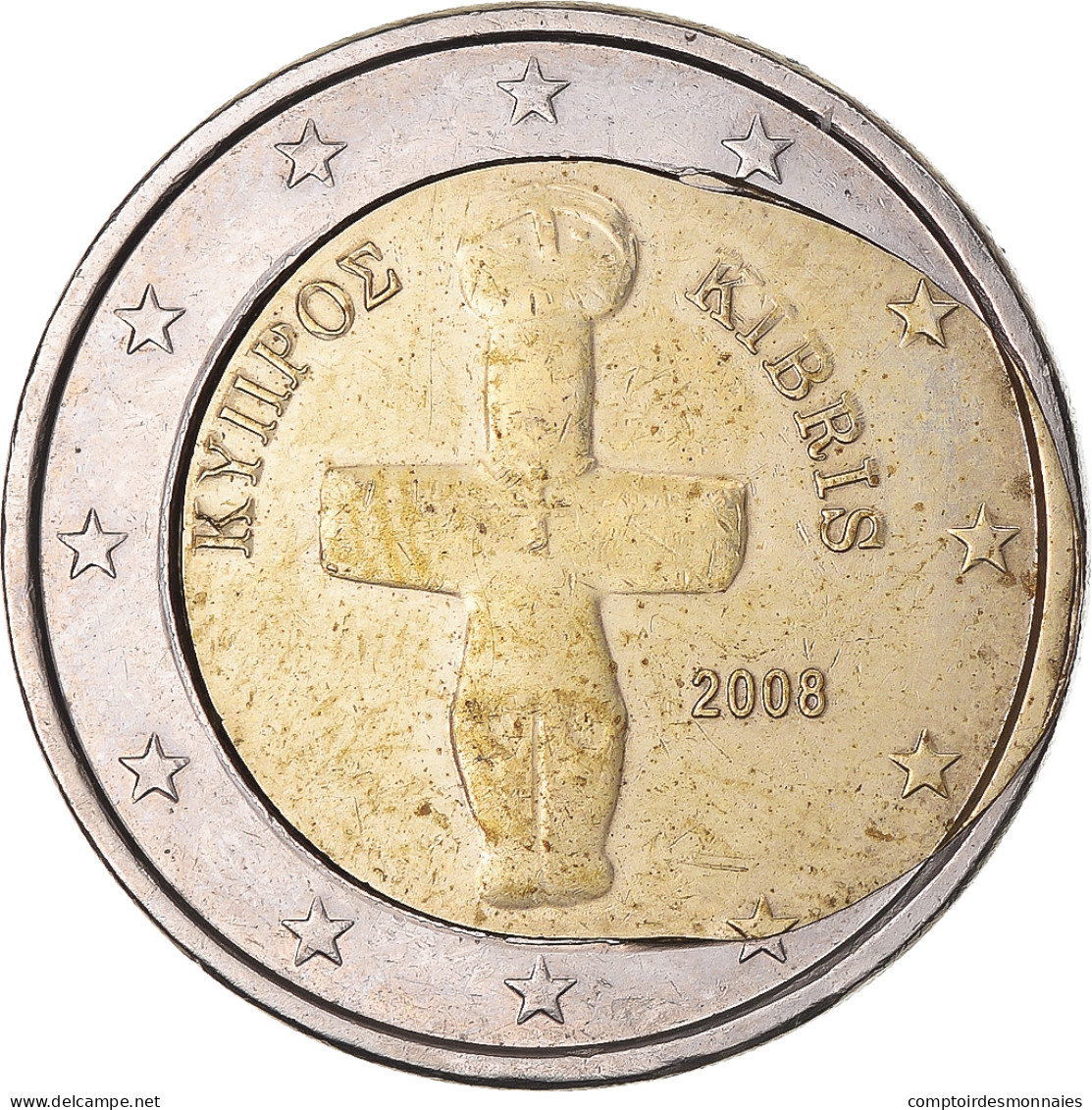 Chypre, 2 Euro, 2008, Error Misaligned Core, TTB+, Bimétallique, KM:85 - Variétés Et Curiosités