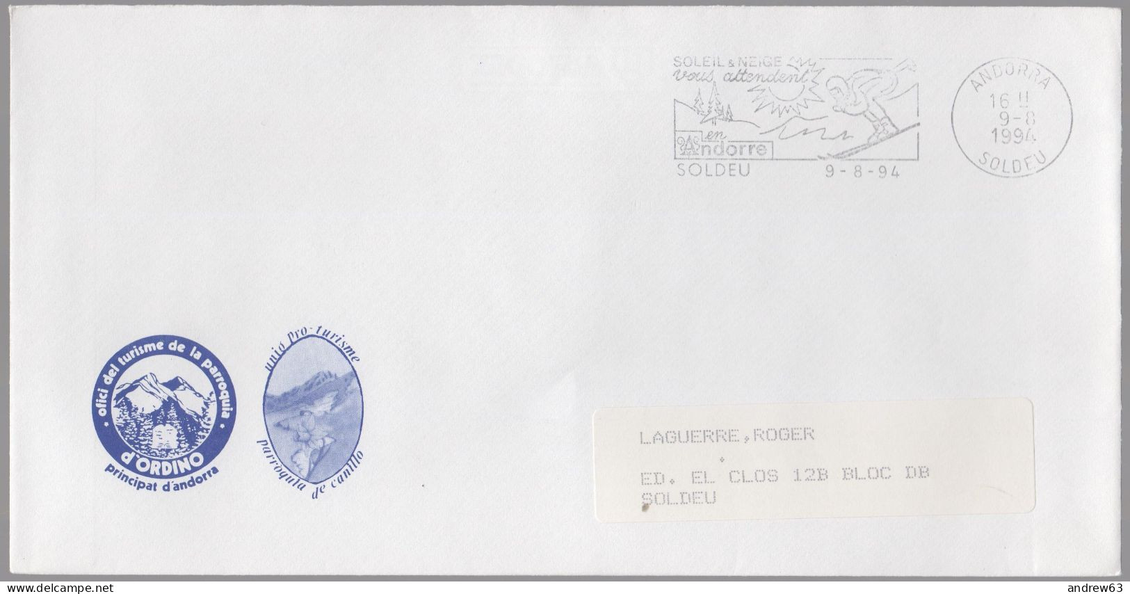 ANDORRA - ANDORRE - 1994 - Lettre En Franchise + Flamme - Viaggiata Da Soldeu Per Soldeu - Briefe U. Dokumente