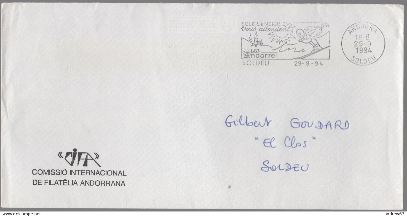 ANDORRA - ANDORRE - 1994 - Lettre En Franchise + Flamme - CIFA - Viaggiata Da Soldeu Per Soldeu - Lettres & Documents