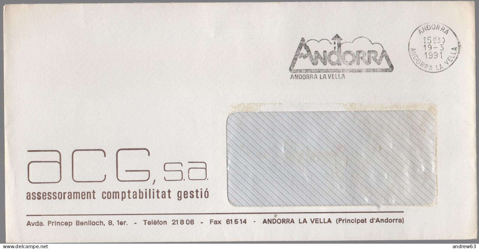 ANDORRA - ANDORRE - 1991 - Lettre En Franchise + Flamme - ACG, S.a. - Viaggiata Da Andorra La Vella - Brieven En Documenten