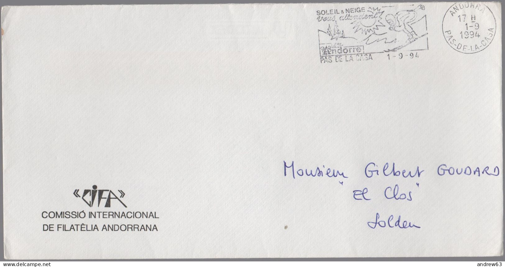 ANDORRA - ANDORRE - 1994 - Lettre En Franchise + Flamme - CIFA - Viaggiata Da Pas De La Casa Per Soldeu - Storia Postale