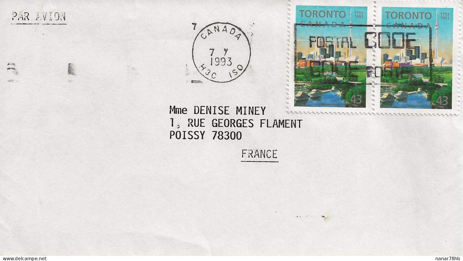 Lettre Du 07/07/1993 Avec Deux Timbres Toronto - Storia Postale