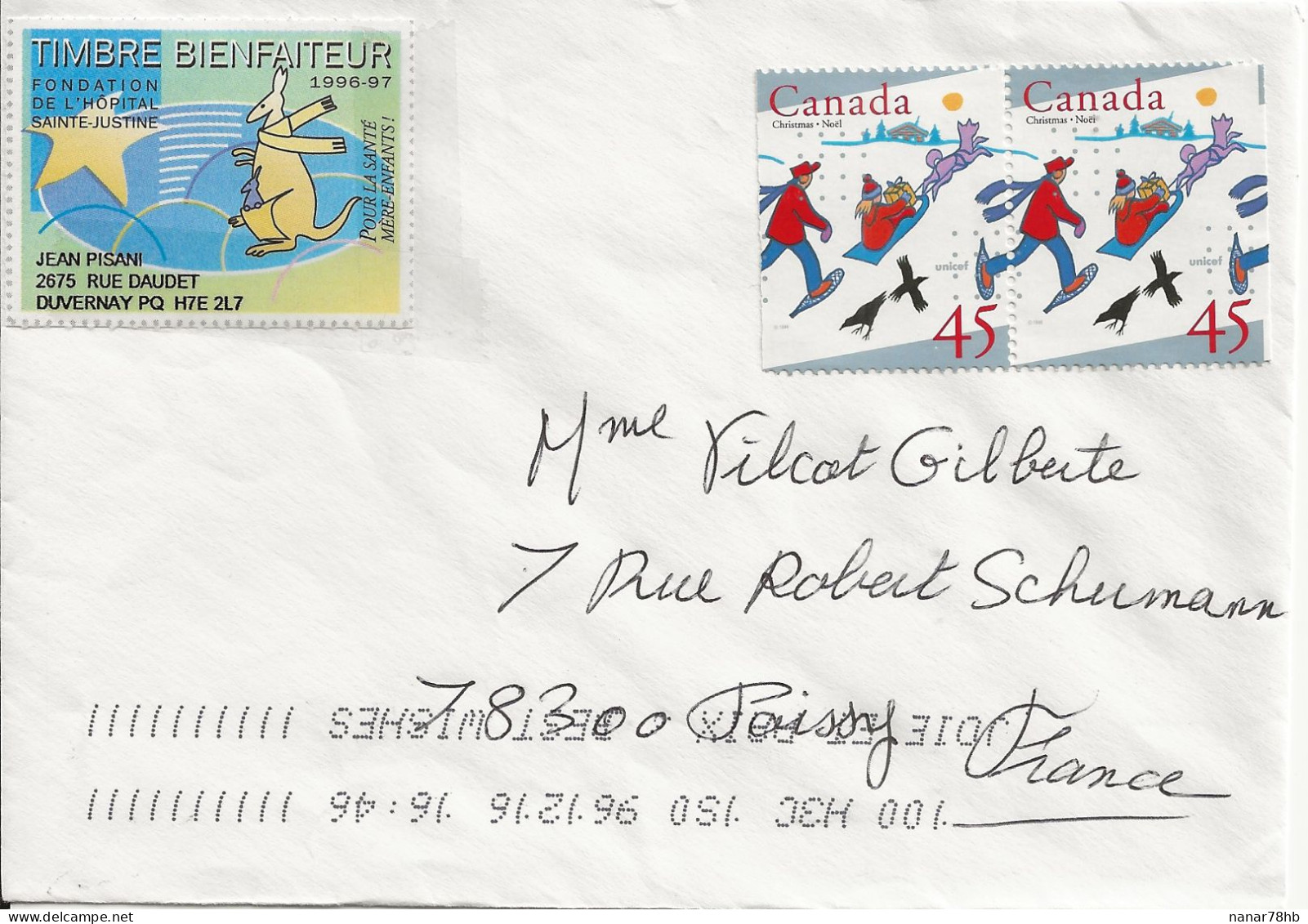 Lettre Du 16/12/1996 Avec Deux Timbre Noël (oblitération Hors Timbres) - Lettres & Documents