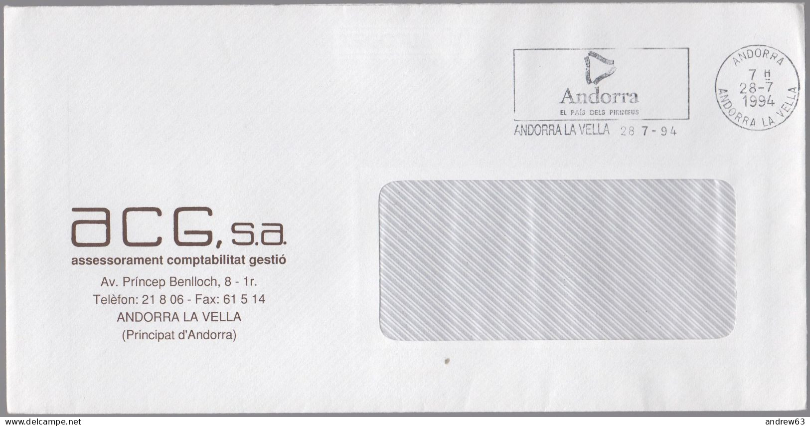 ANDORRA - ANDORRE - 1994 - Lettre En Franchise + Flamme - ACG, S.a. - Viaggiata Da Andorra La Vella - Briefe U. Dokumente