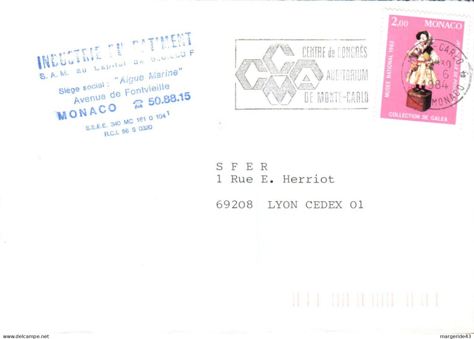 MONACO SEUL SUR LETTRE POUR LA FRANCE 1984 - Covers & Documents