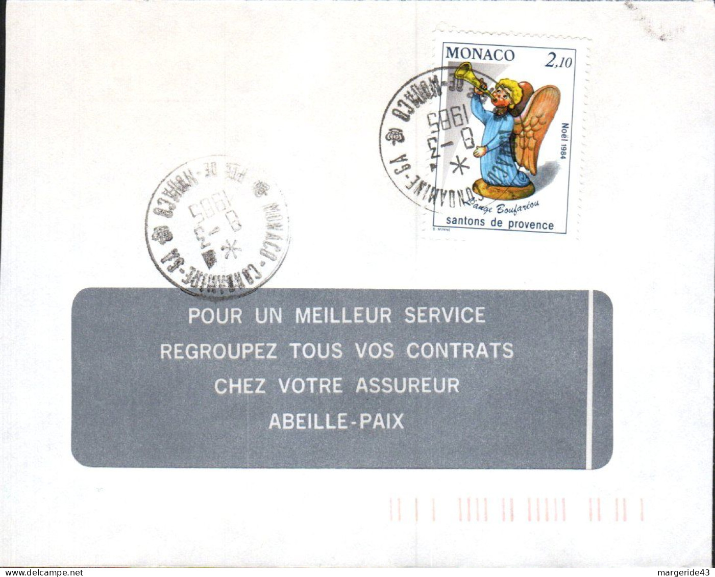 MONACO SEUL SUR LETTRE POUR LA FRANCE 1985 - Storia Postale